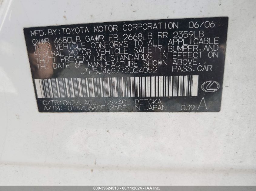 2007 Lexus Es 350 VIN: JTHBJ46G772024052 Lot: 39624513
