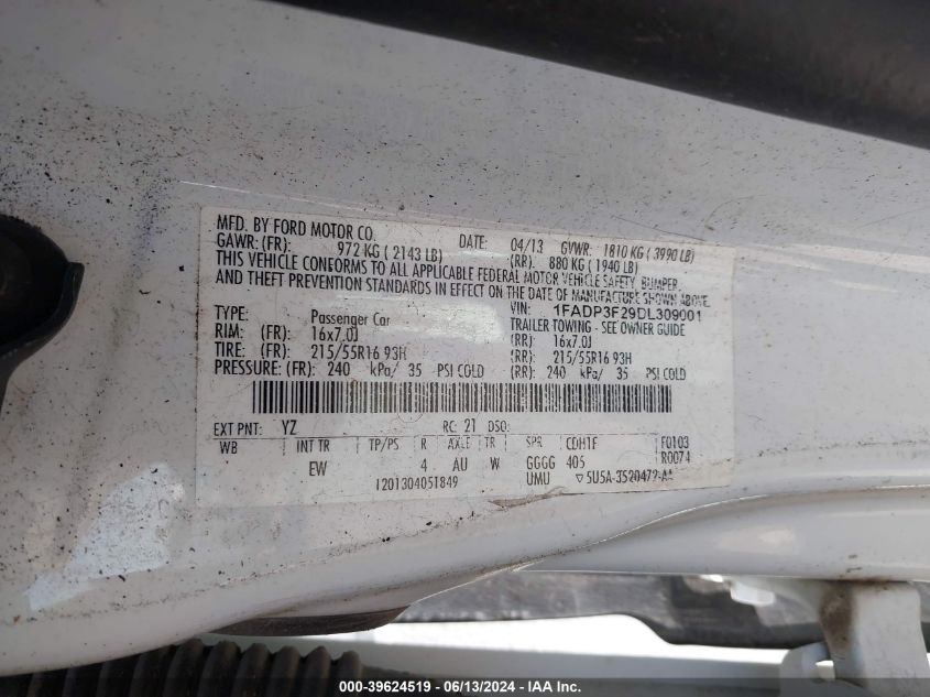 2013 Ford Focus Se VIN: 1FADP3F29DL309001 Lot: 39624519