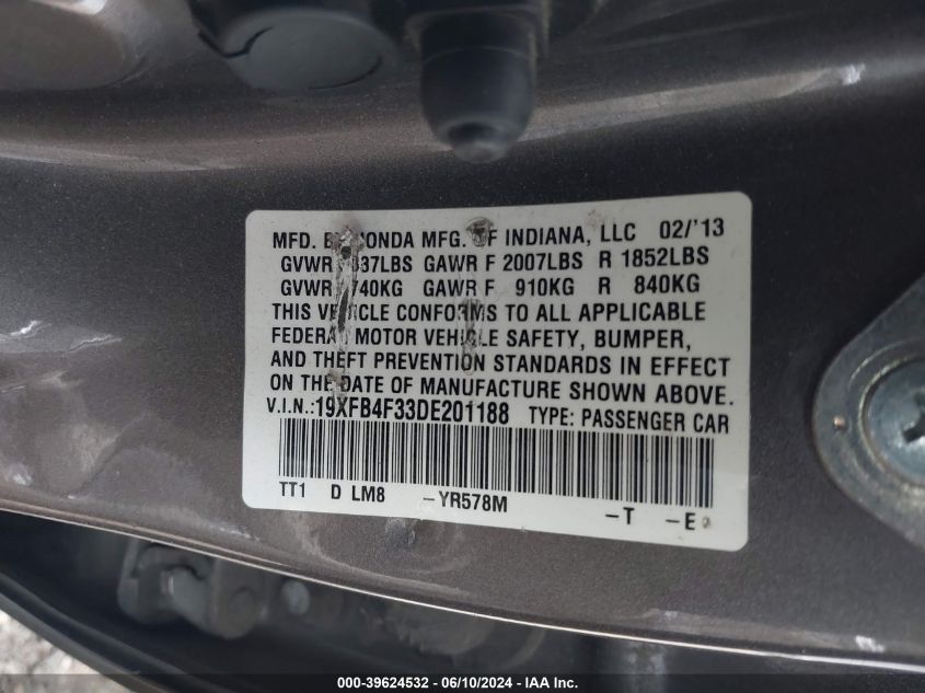 2013 Honda Civic Hybrid VIN: 19XFB4F33DE201188 Lot: 39624532