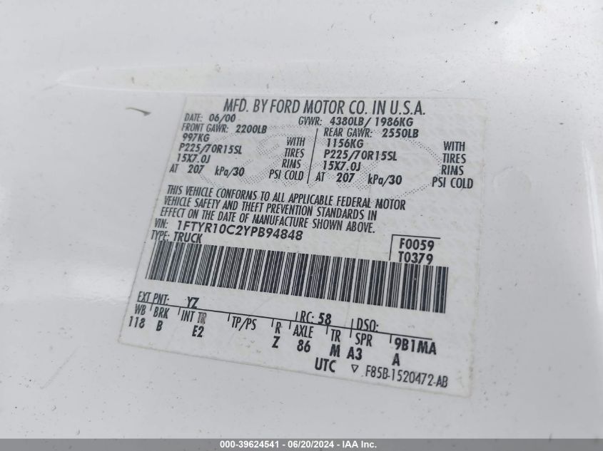 2000 Ford Ranger Xl/Xlt VIN: 1FTYR10C2YPB94848 Lot: 39624541