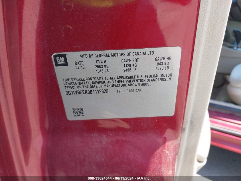 2011 Chevrolet Impala Lt VIN: 2G1WB5EK0B1112325 Lot: 39624544