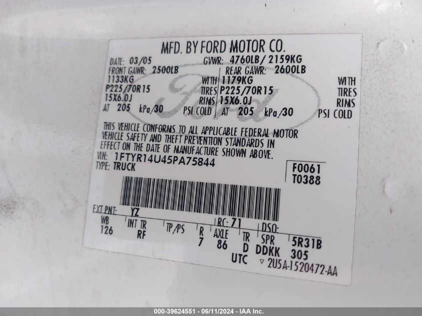 2005 Ford Ranger Edge/Stx/Xl/Xlt VIN: 1FTYR14U45PA75844 Lot: 39624551