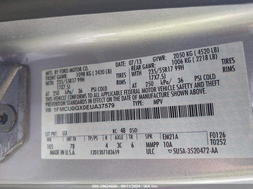 2014 Ford Escape Se VIN: 1FMCU0GX0EUA37579 Lot: 39624556