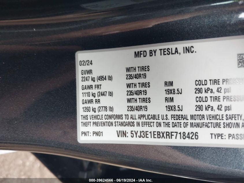 2024 Tesla Model 3 Long Range Dual Motor All-Wheel Drive VIN: 5YJ3E1EBXRF718426 Lot: 39624566