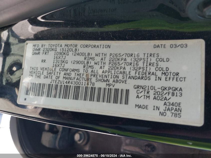 2003 Toyota 4Runner Sr5 Sport V6 VIN: JTEZU14R430011478 Lot: 39624575