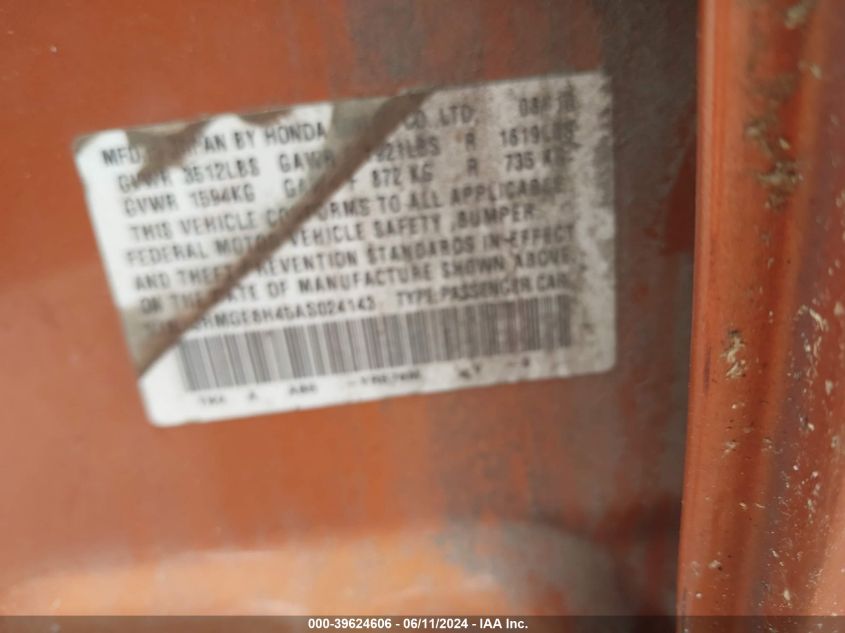 2010 Honda Fit Sport VIN: JHMGE8H45AS024143 Lot: 39624606