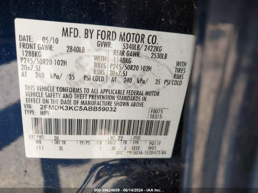 2010 Ford Edge Limited VIN: 2FMDK3KC5ABB59032 Lot: 39624609