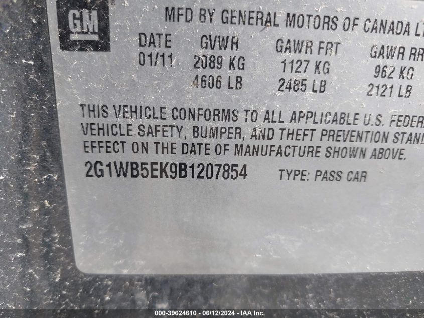 2011 Chevrolet Impala Lt VIN: 2G1WB5EK9B1207854 Lot: 39624610
