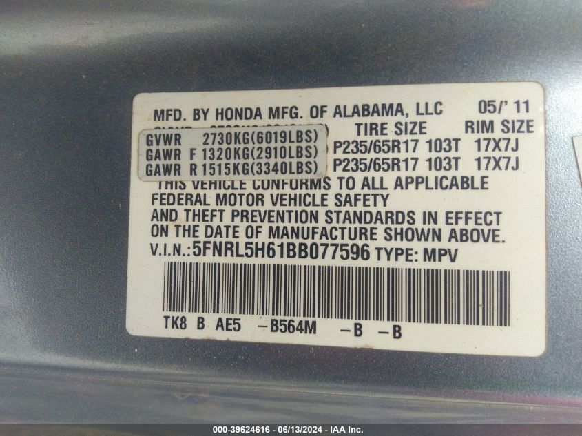 2011 Honda Odyssey Ex-L VIN: 5FNRL5H61BB077596 Lot: 39624616