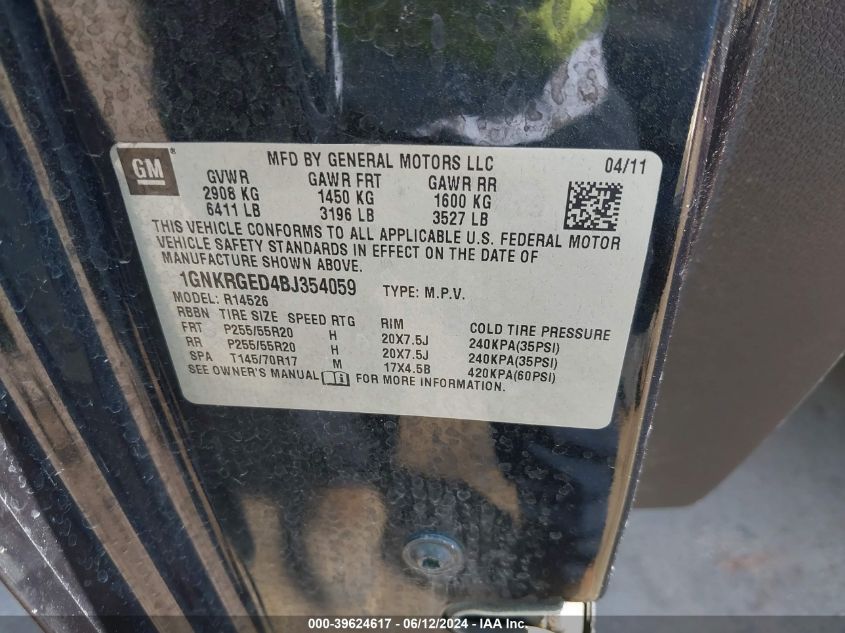 2011 Chevrolet Traverse 1Lt VIN: 1GNKRGED4BJ354059 Lot: 39624617