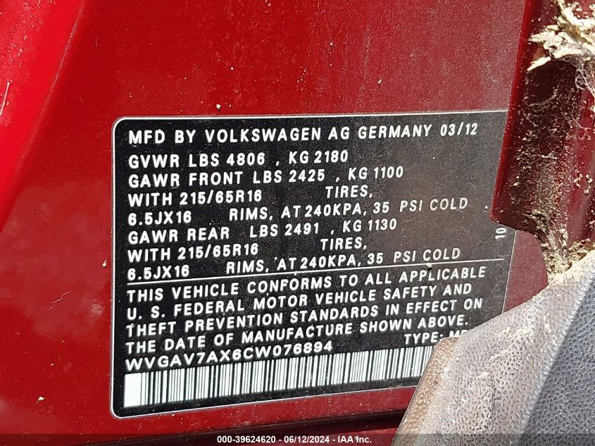 2012 Volkswagen Tiguan Le VIN: WVGAV7AX6CW076894 Lot: 39624620