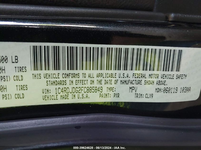 2015 Dodge Durango Limited VIN: 1C4RDJDG2FC885849 Lot: 39624628