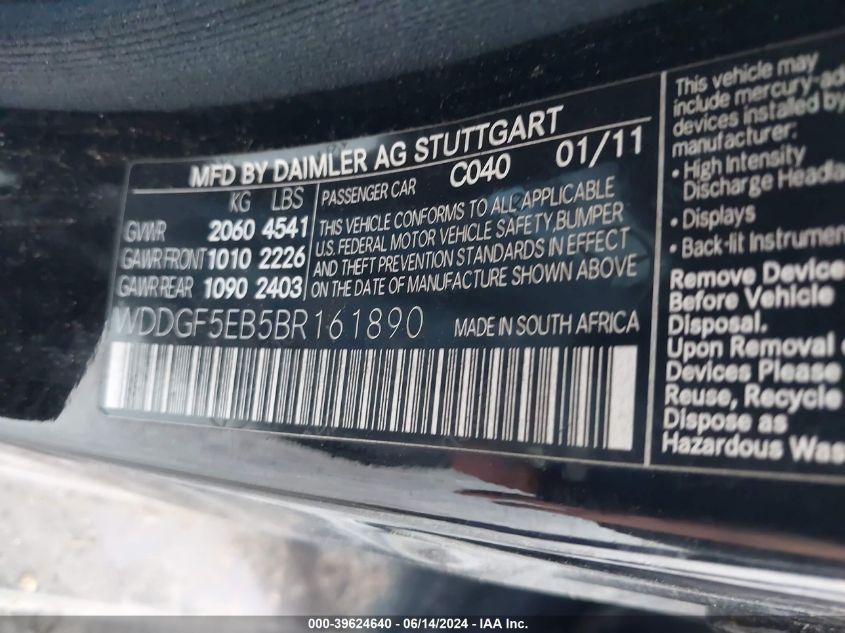 2011 Mercedes-Benz C 300 Luxury/Sport VIN: WDDGF5EB5BR161890 Lot: 39624640
