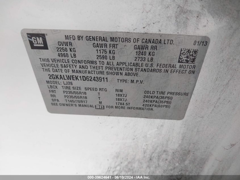 2013 GMC Terrain Slt-2 VIN: 2GKALWEK1D6243911 Lot: 39624641