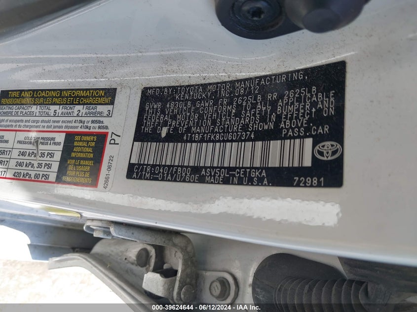 2012 Toyota Camry Xle VIN: 4T1BF1FK8CU607374 Lot: 39624644