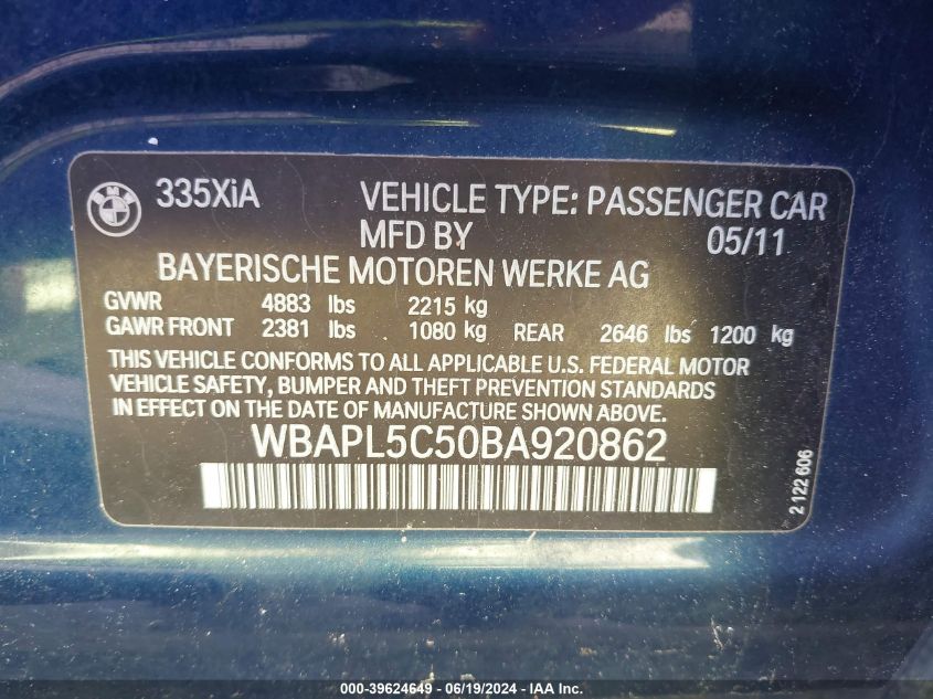 2011 BMW 335I Xi VIN: WBAPL5C50BA920862 Lot: 39624649