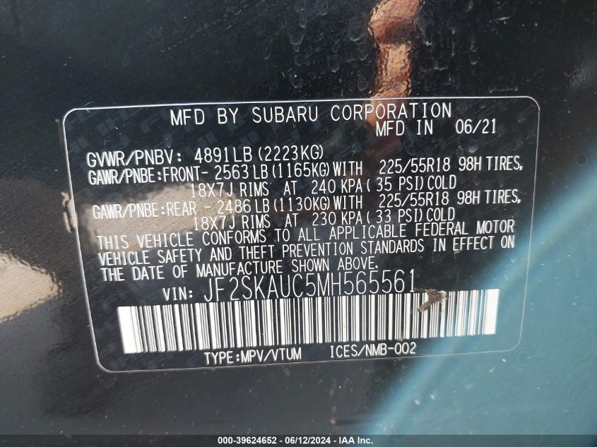 2021 Subaru Forester Limited VIN: JF2SKAUC5MH565561 Lot: 39624652