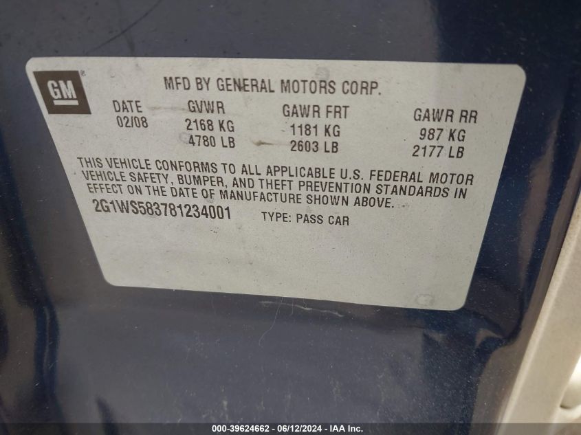 2008 Chevrolet Impala Police VIN: 2G1WS583781234001 Lot: 39624662