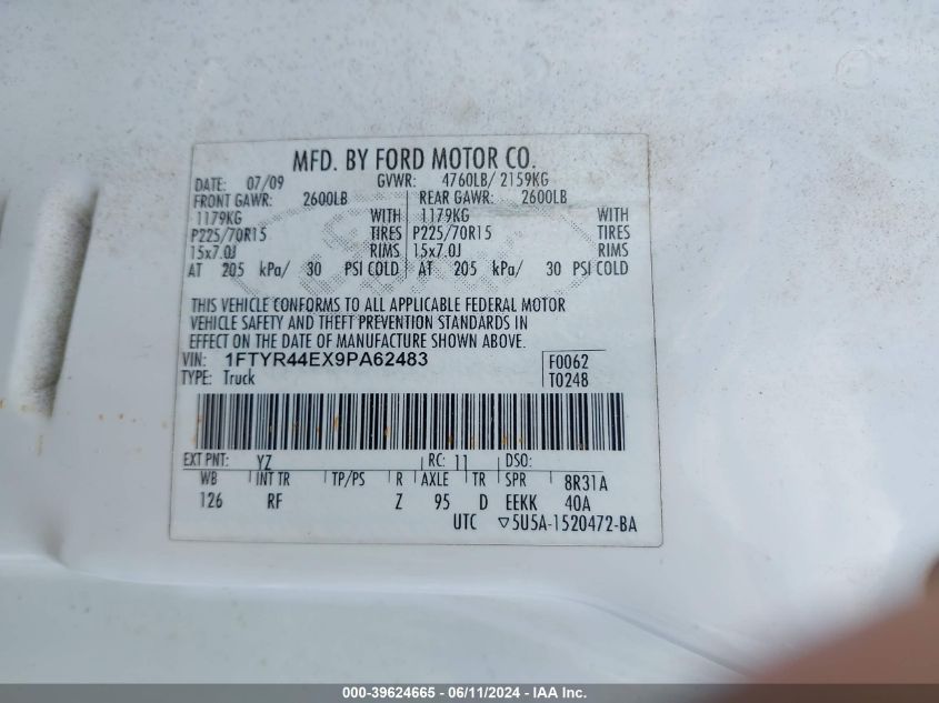 2009 Ford Ranger Sport/Xlt VIN: 1FTYR44EX9PA62483 Lot: 39624665