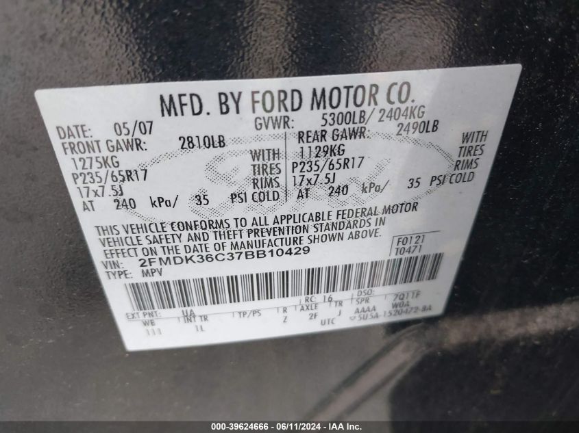 2007 Ford Edge Se VIN: 2FMDK36C37BB10429 Lot: 39624666