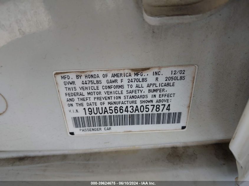 2003 Acura Tl 3.2 VIN: 19UUA56643A057874 Lot: 39624675