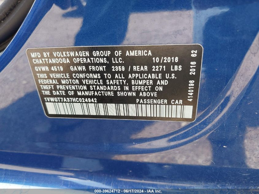 2017 Volkswagen Passat 1.8T Se VIN: 1VWGT7A37HC024942 Lot: 39624712