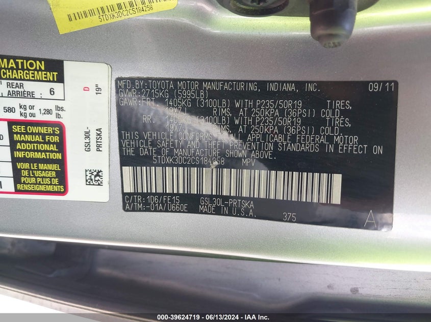 2012 Toyota Sienna Se 8 Passenger VIN: 5TDXK3DC2CS184258 Lot: 39624719