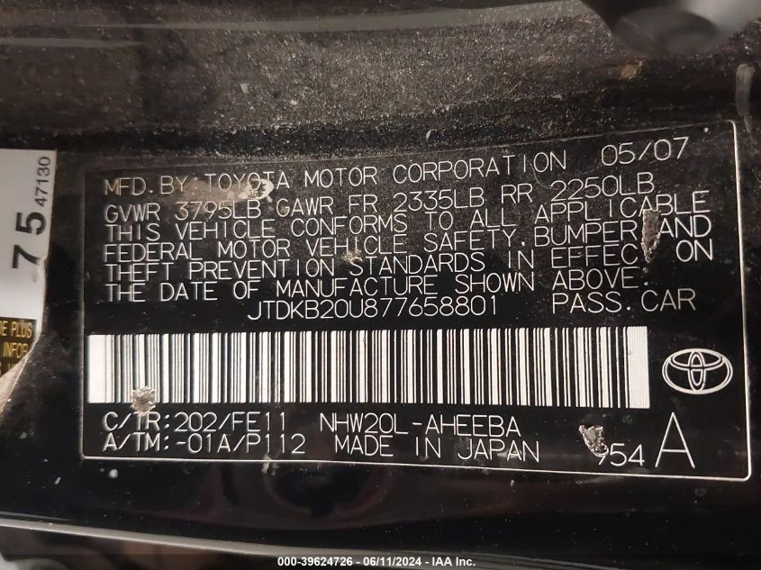 2007 Toyota Prius VIN: JTDKB20U877658801 Lot: 39624726