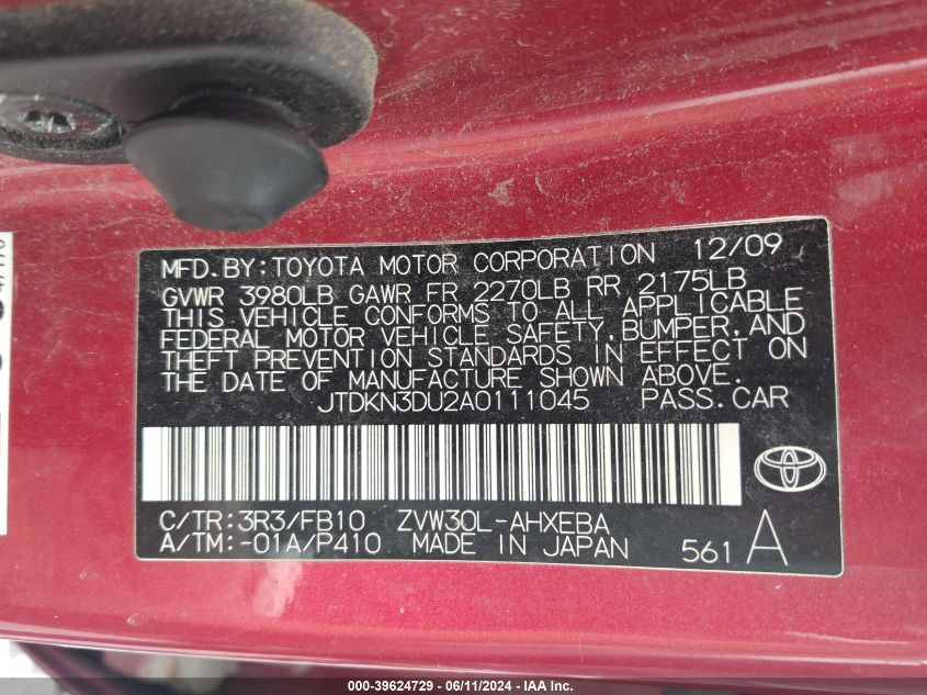 2010 Toyota Prius Ii VIN: JTDKN3DU2A0111045 Lot: 39624729