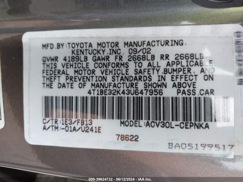 2003 Toyota Camry Le VIN: 4T1BE32K43U647956 Lot: 39624732