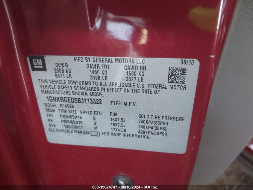 2011 Chevrolet Traverse 1Lt VIN: 1GNKRGED5BJ113322 Lot: 39624747