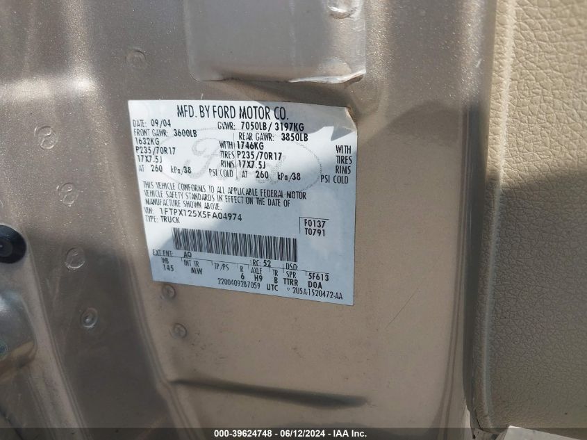 2005 Ford F-150 Lariat/Xl/Xlt VIN: 1FTPX125X5FA04974 Lot: 39624748