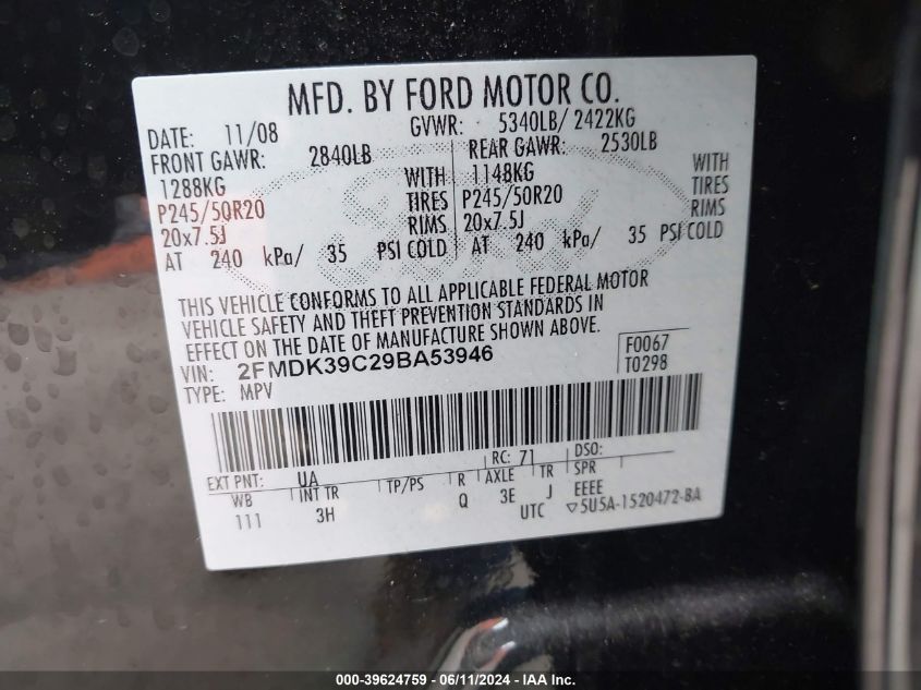 2009 Ford Edge Limited VIN: 2FMDK39C29BA53946 Lot: 39624759