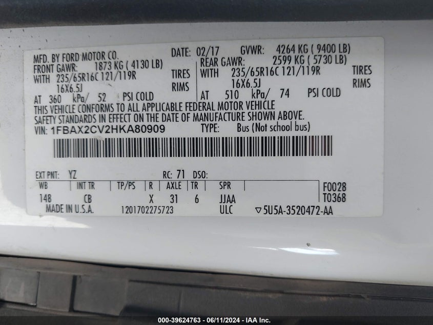 VIN 1FBAX2CV2HKA80909 2017 FORD TRANSIT-350 T-350