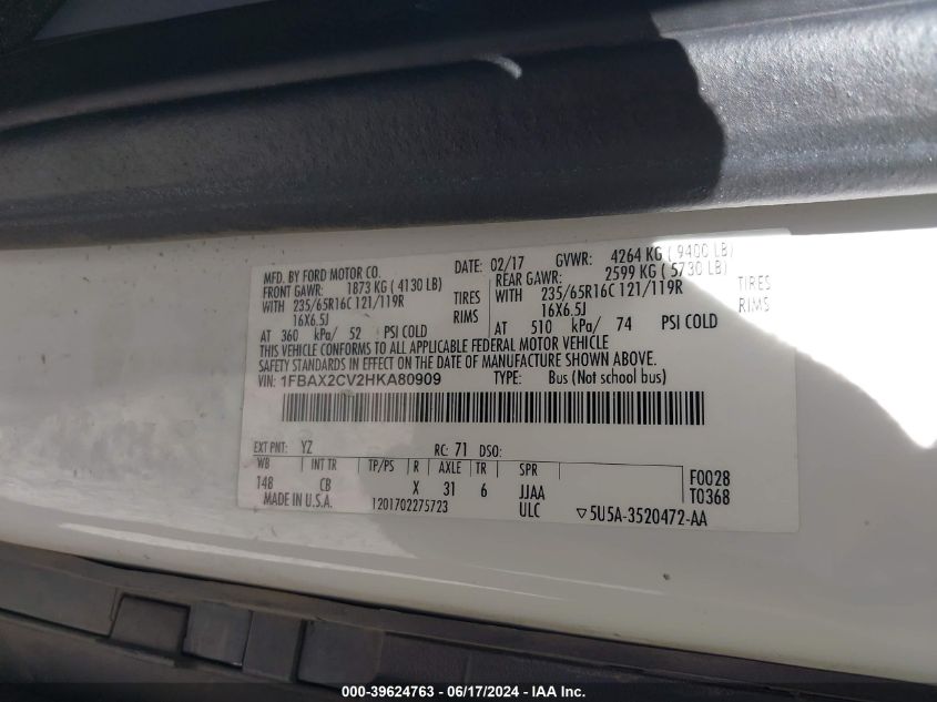 2017 Ford Transit-350 Xlt VIN: 1FBAX2CV2HKA80909 Lot: 39624763