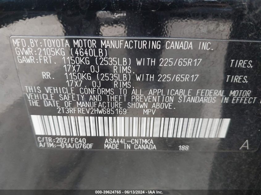 2017 Toyota Rav4 Xle VIN: 2T3RFREV2HW685169 Lot: 39624765