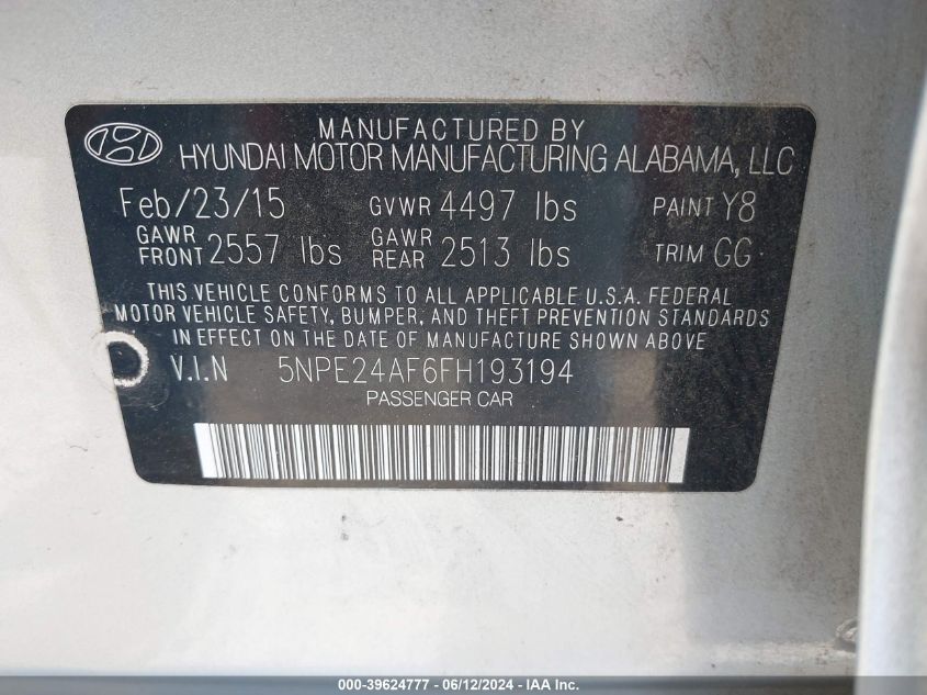 2015 Hyundai Sonata Se VIN: 5NPE24AF6FH193194 Lot: 39624777