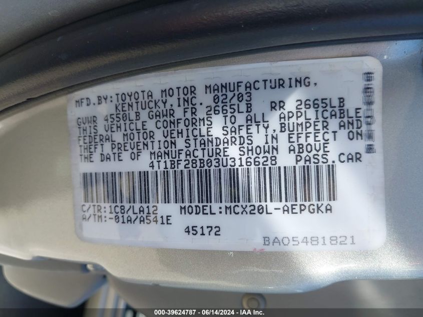 2003 Toyota Avalon Xls VIN: 4T1BF28B03U316628 Lot: 39624787