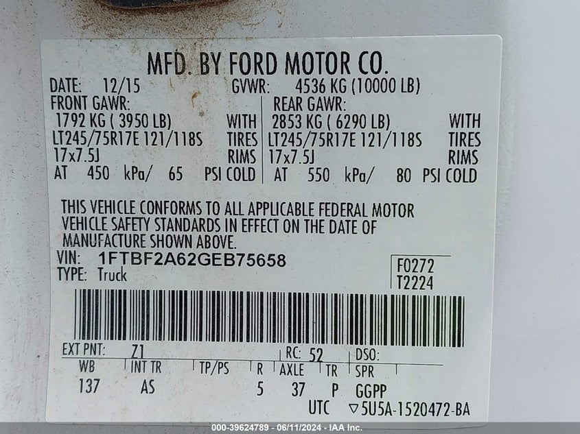 2016 Ford F-250 Xl VIN: 1FTBF2A62GEB75658 Lot: 39624789