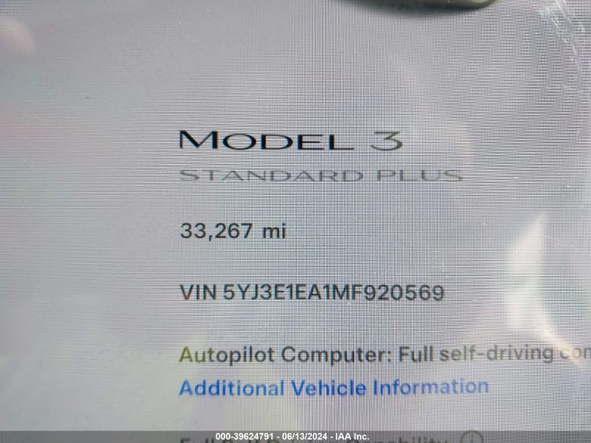 2021 Tesla Model 3 Standard Range Plus Rear-Wheel Drive VIN: 5YJ3E1EA1MF920569 Lot: 39624791