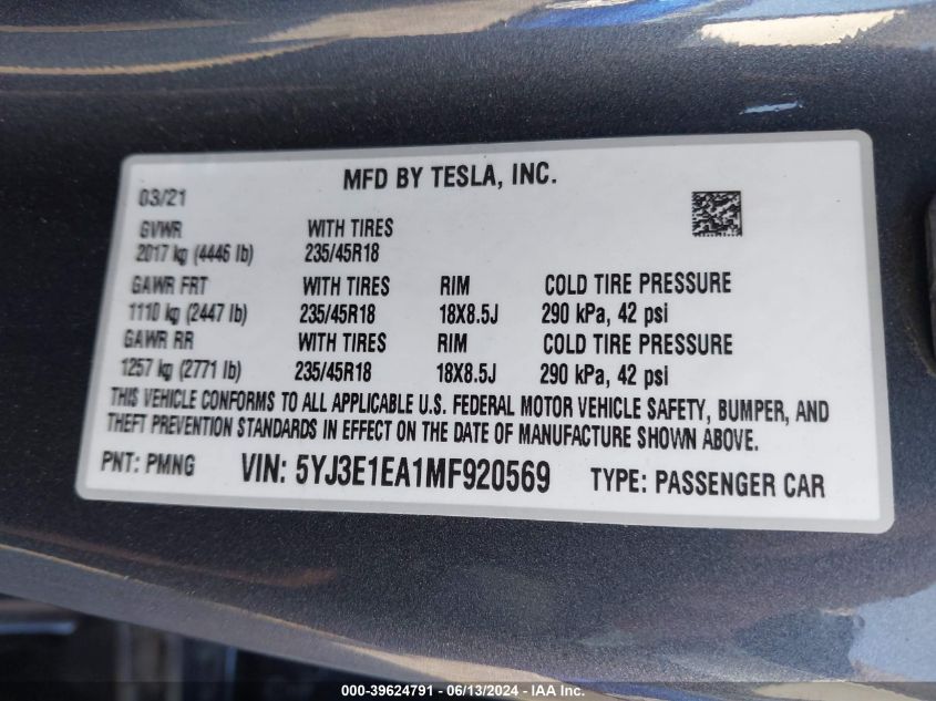 2021 Tesla Model 3 Standard Range Plus Rear-Wheel Drive VIN: 5YJ3E1EA1MF920569 Lot: 39624791