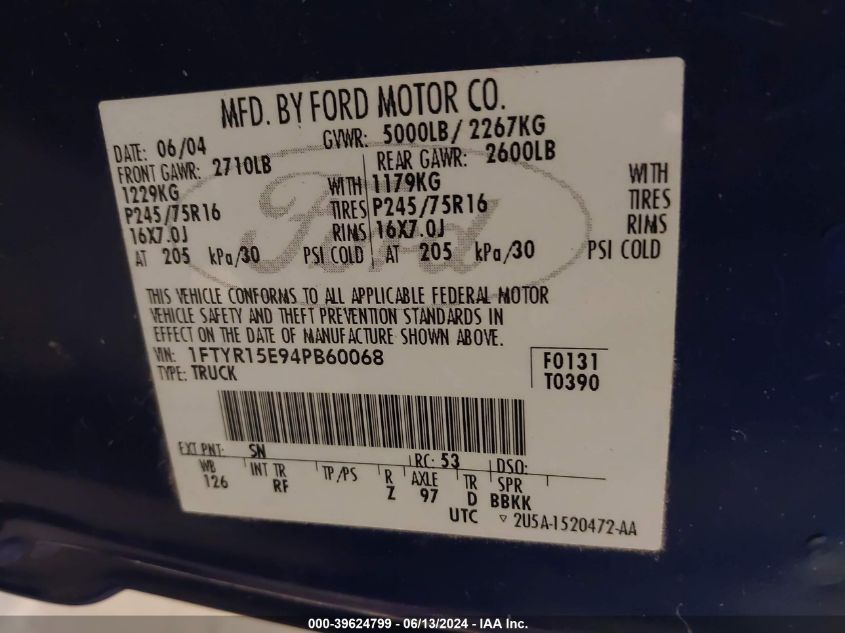 2004 Ford Ranger Xlt VIN: 1FTYR15E94PB60068 Lot: 39624799