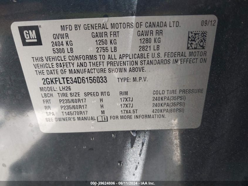 2013 GMC Terrain Sle-2 VIN: 2GKFLTE34D6156033 Lot: 39624806