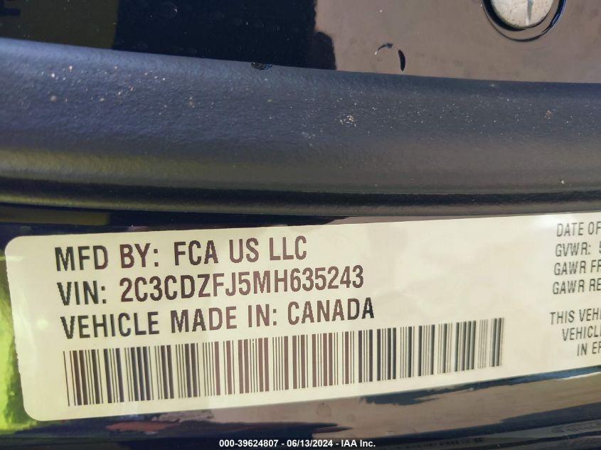 2021 Dodge Challenger R/T Scat Pack VIN: 2C3CDZFJ5MH635243 Lot: 39624807