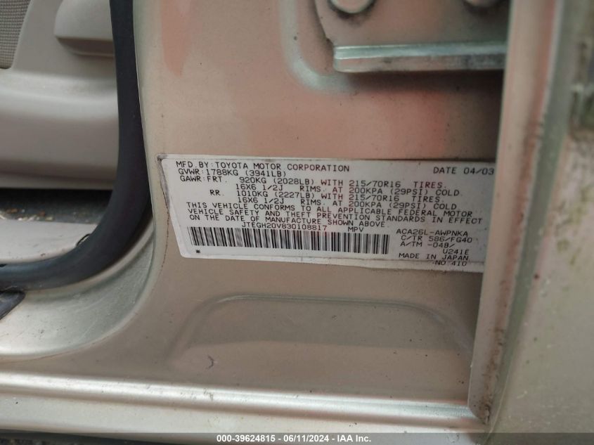 2003 Toyota Rav4 VIN: JTEGH20V830108817 Lot: 39624815