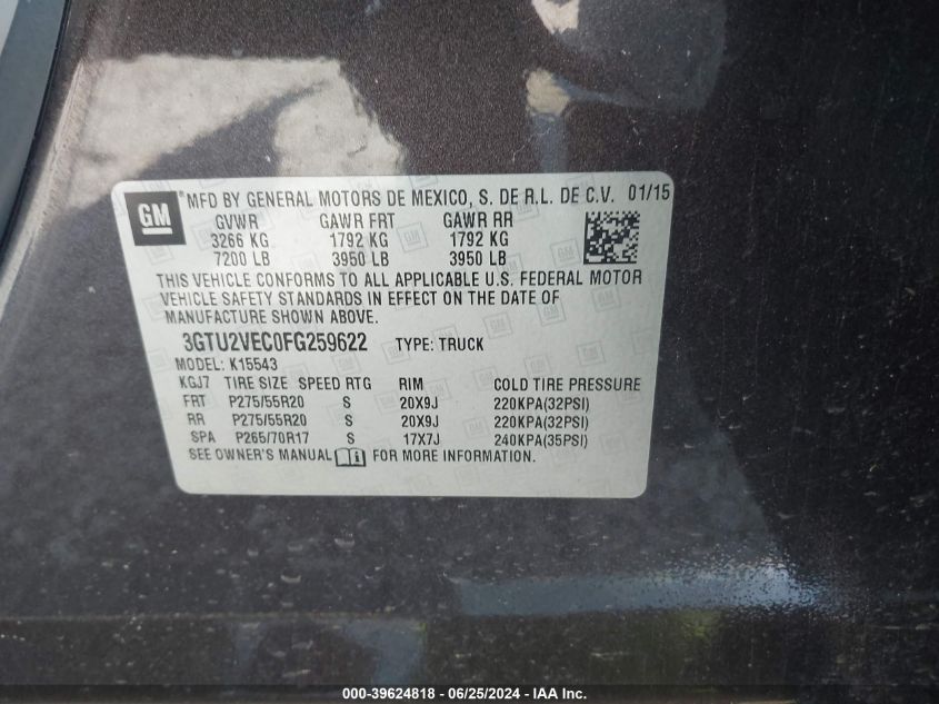 2015 GMC Sierra 1500 Slt VIN: 3GTU2VEC0FG259622 Lot: 39624818