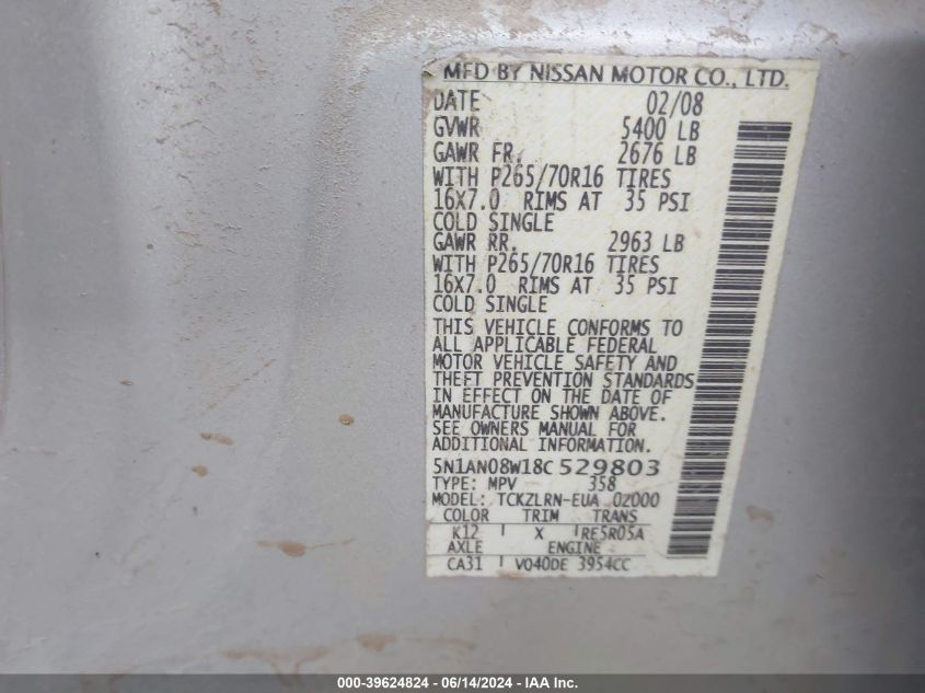 2008 Nissan Xterra S VIN: 5N1AN08W18C529803 Lot: 39624824