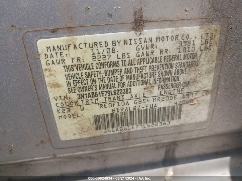 2009 Nissan Sentra 2.0 VIN: 3N1AB61E79L622383 Lot: 39624834