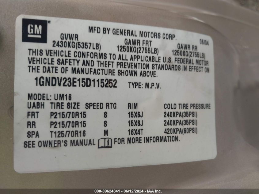 2005 Chevrolet Venture Ls VIN: 1GNDV23E15D115252 Lot: 39624841