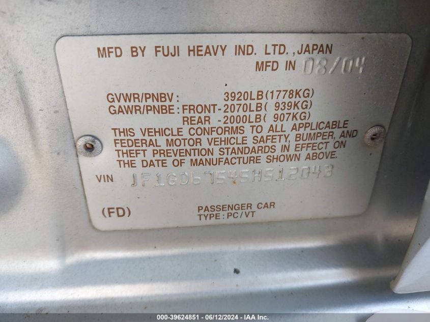 2005 Subaru Impreza 2.5Rs VIN: JF1GD67545H512043 Lot: 39624851